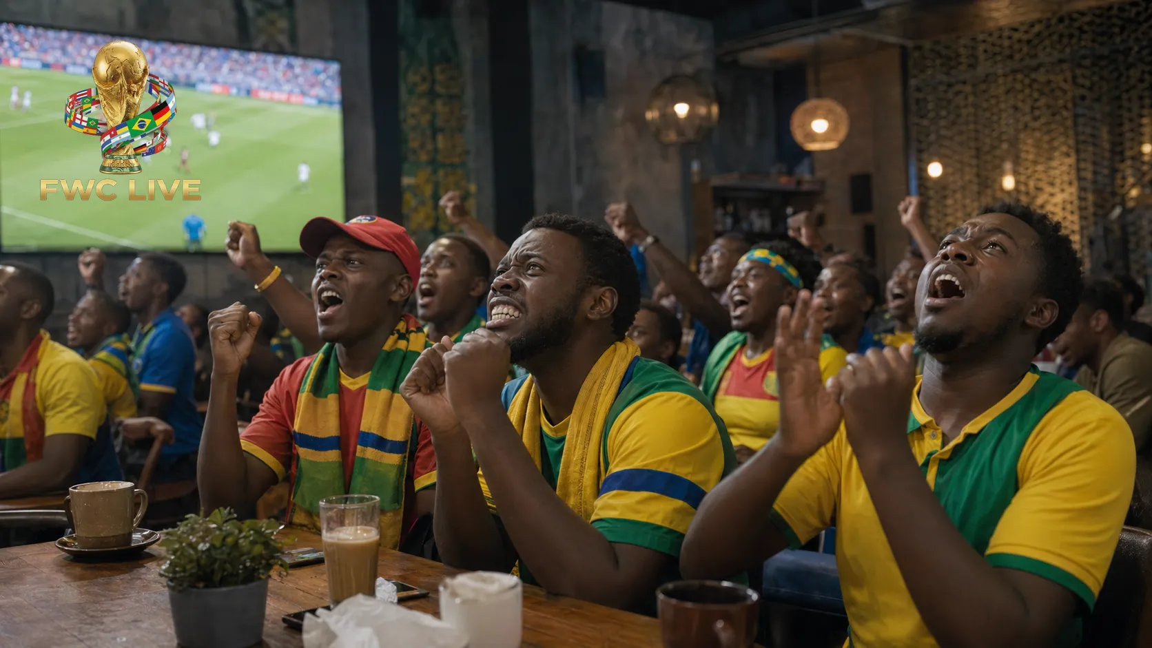 Sao Tome and Principe football fans watching FIFA World Cup 2026 coverage in a local cafe