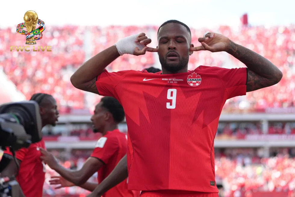 Cyle Larin celebrates after scoring for Canada against Bosnia and Herzegovina