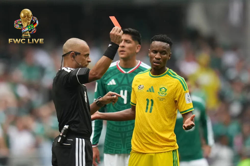 Referee Wilton Sampaio shows a red card during Mexico vs South Africa at World Cup 2026