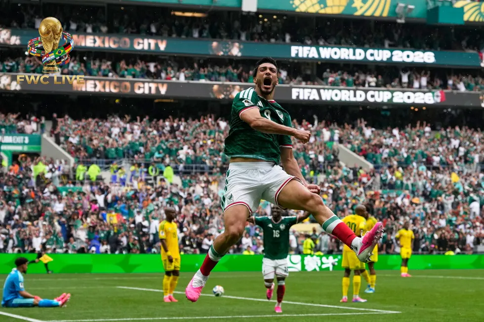 Raul Jimenez celebrates after scoring for Mexico against South Africa at World Cup 2026